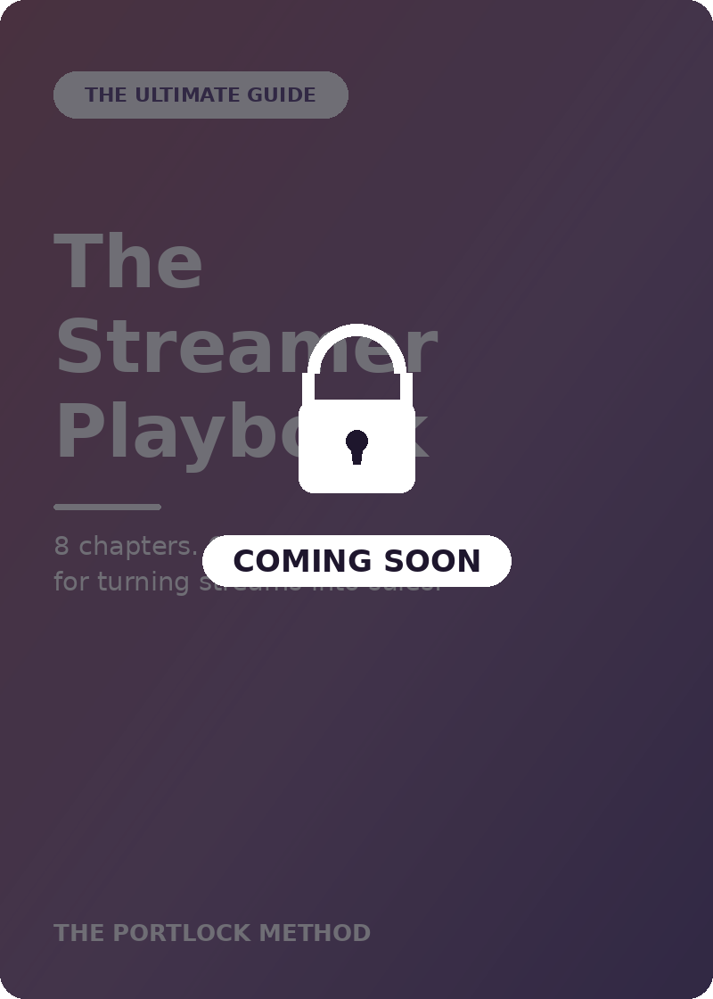A digital cover graphic for a guide titled 'The Streamer Playbook' with a purple-to-dark-purple gradient background. Large light gray text is partially visible, along with a white padlock icon in the center and a white pill-shaped button reading 'COMING SOON.